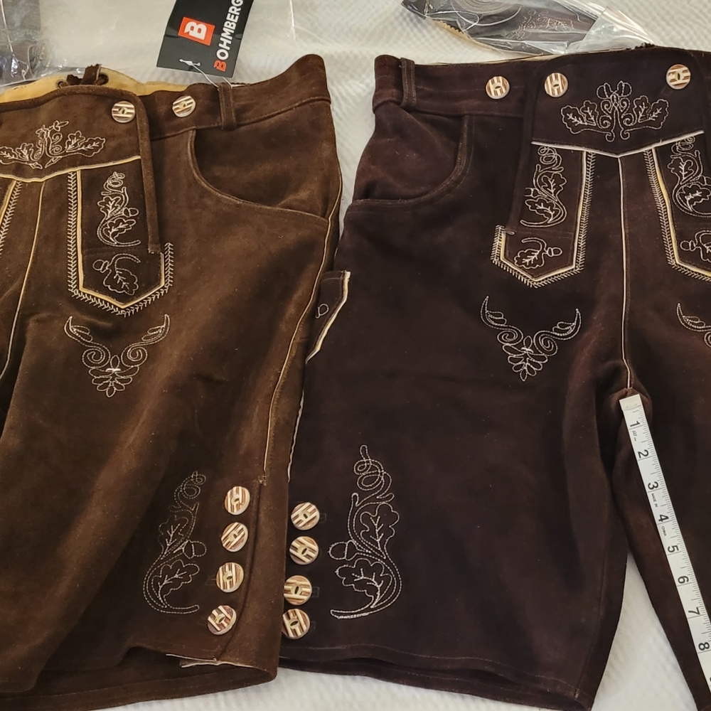 Mens Lederhosen I believe this would be a 36 waist, 23" leg & 10" inseam.